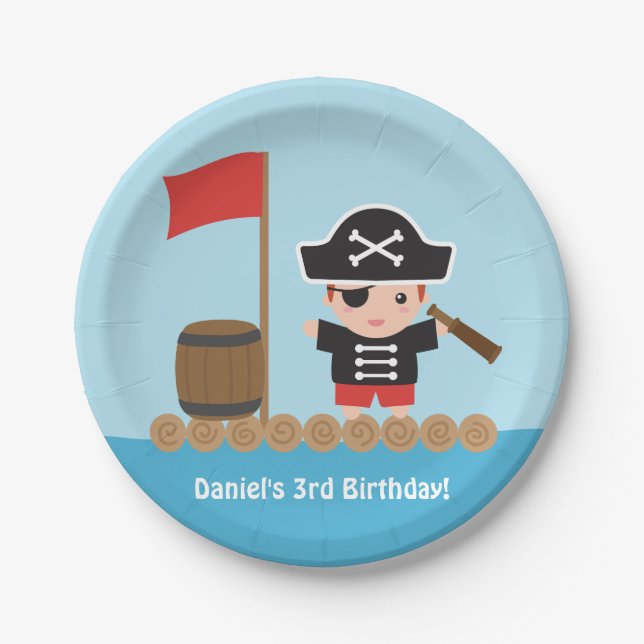 Cute Boy Pirate Treasure Hunt Birthday Party Paper Plate (Front)