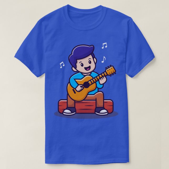 Cute Boy Playing Guitar Cartoon T-Shirt (Design Front)