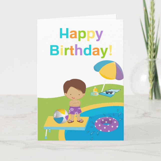 Cute Boy Pool Party Birthday Greeting Card (Front)