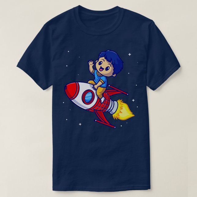 Cute Boy Riding Rocket In Space Cartoon T-Shirt (Design Front)