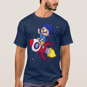 Cute Boy Riding Rocket In Space Cartoon T-Shirt