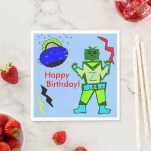 Cute Boy Robot Blue Spaceship Birthday Napkin