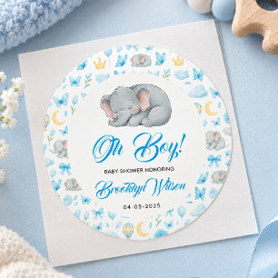 Cute Boy’s Elephant Watercolor Baby Shower Classic Round Sticker