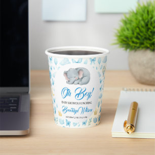 Cute Boy’s Elephant Watercolor Baby Shower Paper Cups