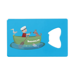 Cute boy sailor and dog rowing boat cartoon