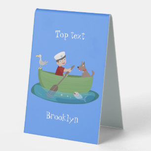 Cute boy sailor and dog rowing boat cartoon