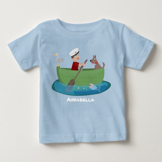 Cute boy sailor and dog rowing boat cartoon baby T-Shirt (Front)