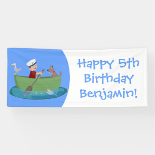 Cute boy sailor and dog rowing boat cartoon banner