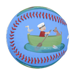 Cute boy sailor and dog rowing boat cartoon baseball