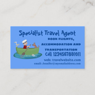 Cute boy sailor and dog rowing boat cartoon business card