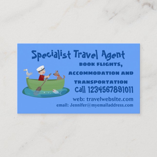 Cute boy sailor and dog rowing boat cartoon business card (Front)