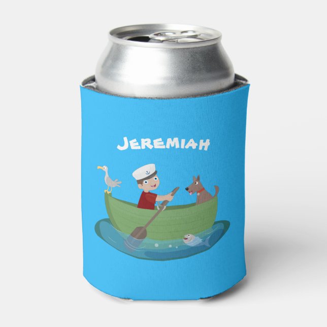 Cute boy sailor and dog rowing boat cartoon can cooler (Can Front)