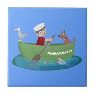 Cute boy sailor and dog rowing boat cartoon ceramic tile