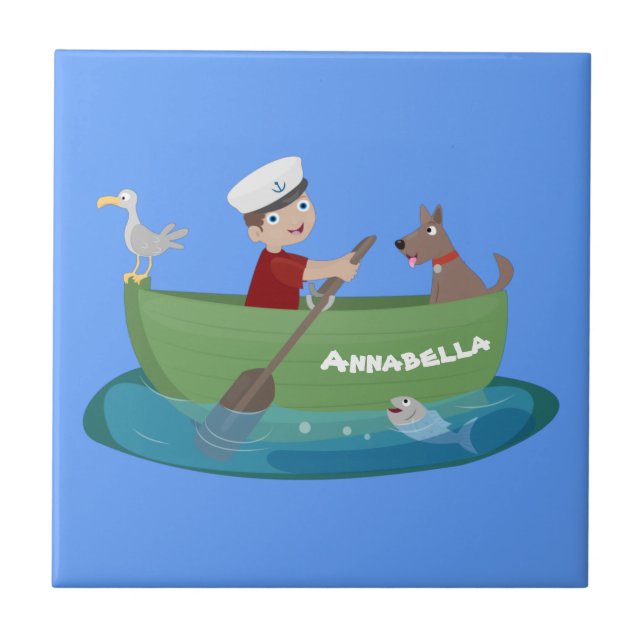 Cute boy sailor and dog rowing boat cartoon ceramic tile (Front)