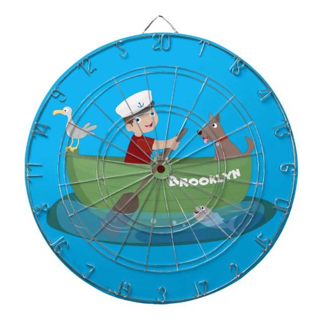 Cute boy sailor and dog rowing boat cartoon dartboard (Front)