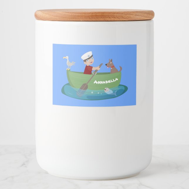 Cute boy sailor and dog rowing boat cartoon food label (Front)