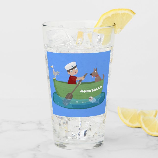 Cute boy sailor and dog rowing boat cartoon glass (Back Ice)