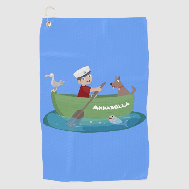 Cute boy sailor and dog rowing boat cartoon golf towel (Front)