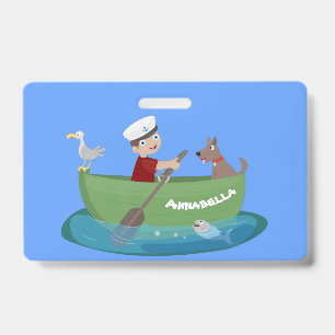 Cute boy sailor and dog rowing boat cartoon ID badge