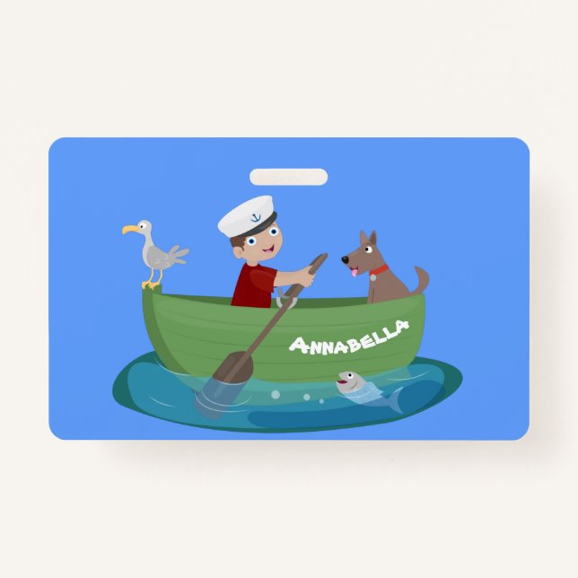 Cute boy sailor and dog rowing boat cartoon ID badge (Front)