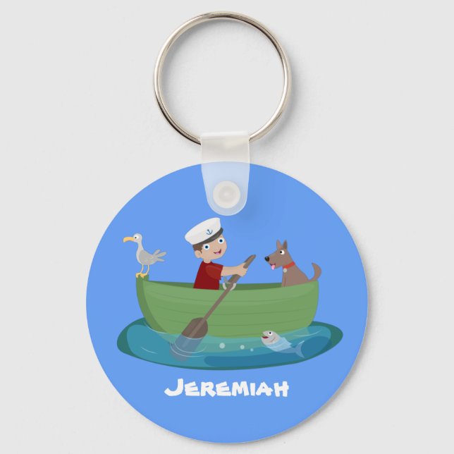 Cute boy sailor and dog rowing boat cartoon key ring (Front)