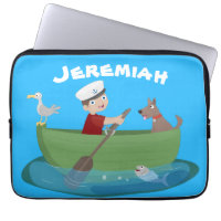 Cute boy sailor and dog rowing boat cartoon