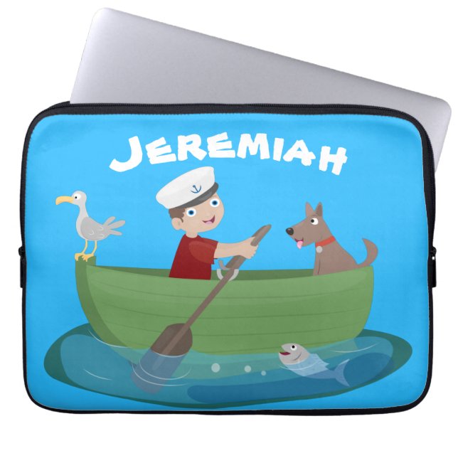 Cute boy sailor and dog rowing boat cartoon laptop sleeve (Front)