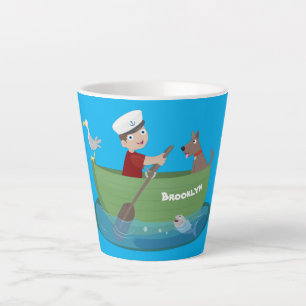 Cute boy sailor and dog rowing boat cartoon latte mug