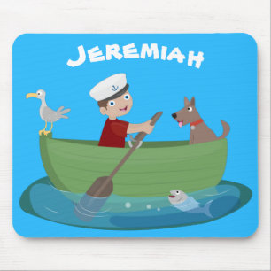 Cute boy sailor and dog rowing boat cartoon mouse pad