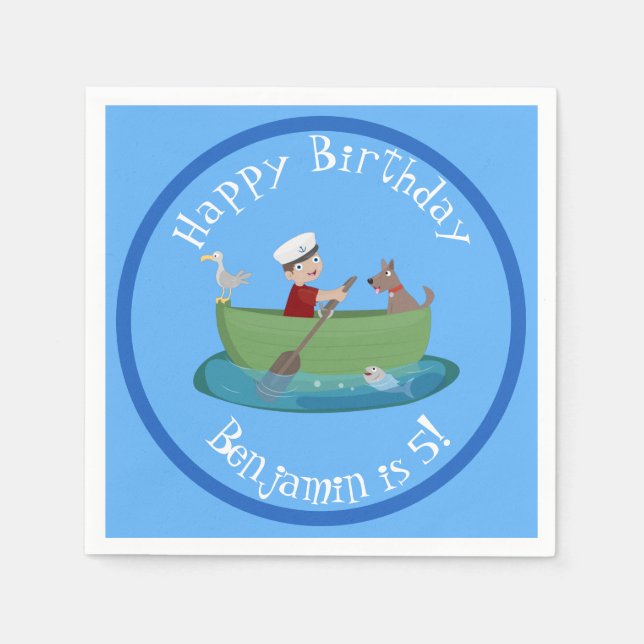 Cute boy sailor and dog rowing boat cartoon napkin (Front)