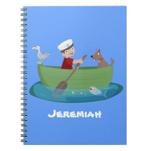 Cute boy sailor and dog rowing boat cartoon notebook