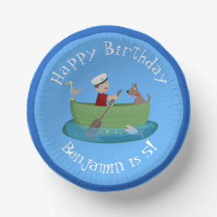 Cute boy sailor and dog rowing boat cartoon paper plate
