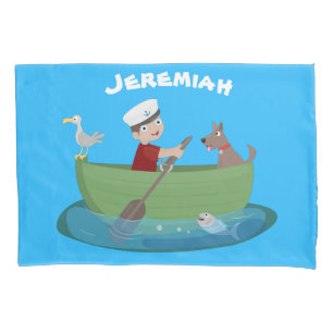 Cute boy sailor and dog rowing boat cartoon pillowcase