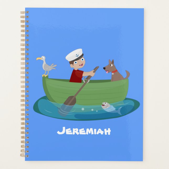 Cute boy sailor and dog rowing boat cartoon planner (Front)