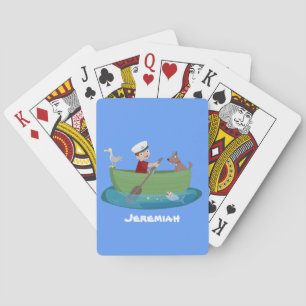 Cute boy sailor and dog rowing boat cartoon playing cards