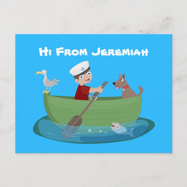 Cute boy sailor and dog rowing boat cartoon postcard (Front)