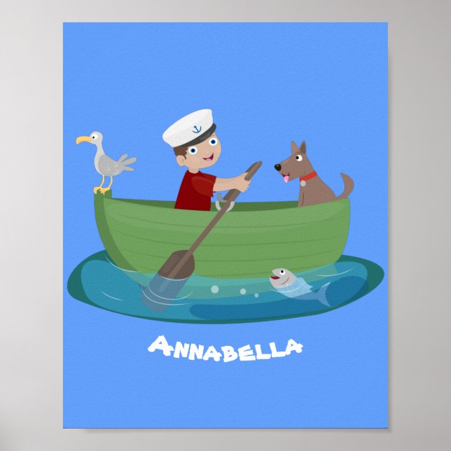 Cute boy sailor and dog rowing boat cartoon poster (Front)