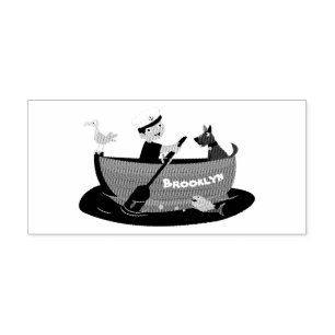 Cute boy sailor and dog rowing boat cartoon rubber stamp