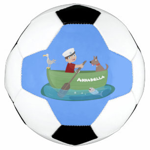 Cute boy sailor and dog rowing boat cartoon soccer ball