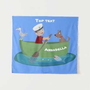 Cute boy sailor and dog rowing boat cartoon  tapestry