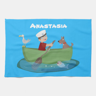 Cute boy sailor and dog rowing boat cartoon tea towel
