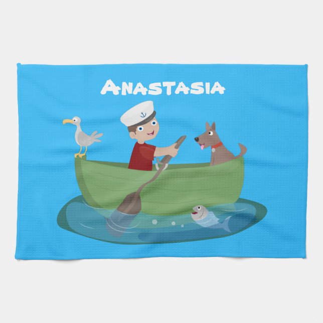 Cute boy sailor and dog rowing boat cartoon tea towel (Horizontal)