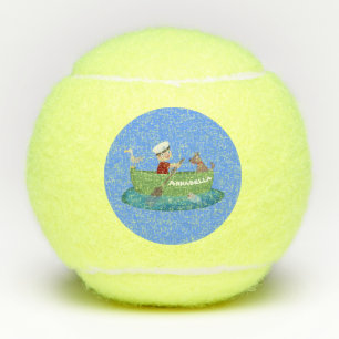 Cute boy sailor and dog rowing boat cartoon tennis balls