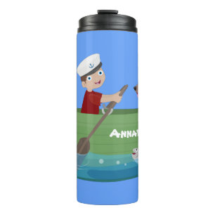 Cute boy sailor and dog rowing boat cartoon thermal tumbler