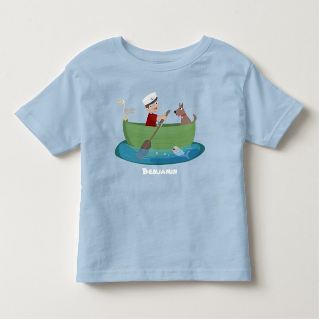 Cute boy sailor and dog rowing boat cartoon toddler T-Shirt (Front)