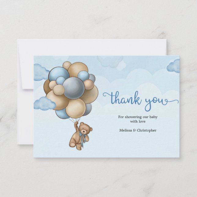 Cute Boy teddy bear brown beige white balloons Thank You Card (Front)