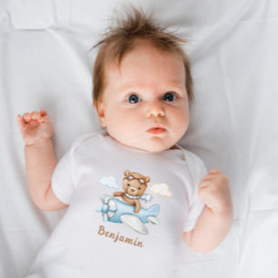 Cute Boy Teddy Bear Littlle Pilot Personalised Baby Bodysuit