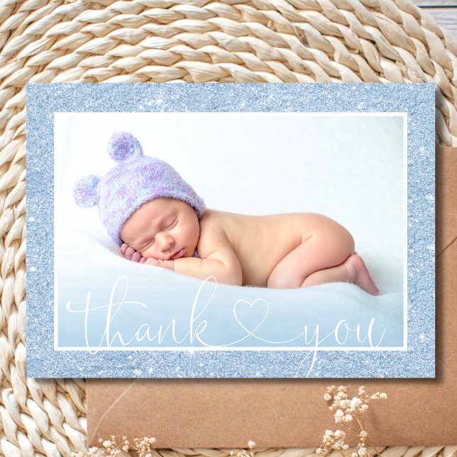 Cute BOY THANK YOU Blue Glitter PHOTO Baby Shower Announcement (Creator Uploaded)