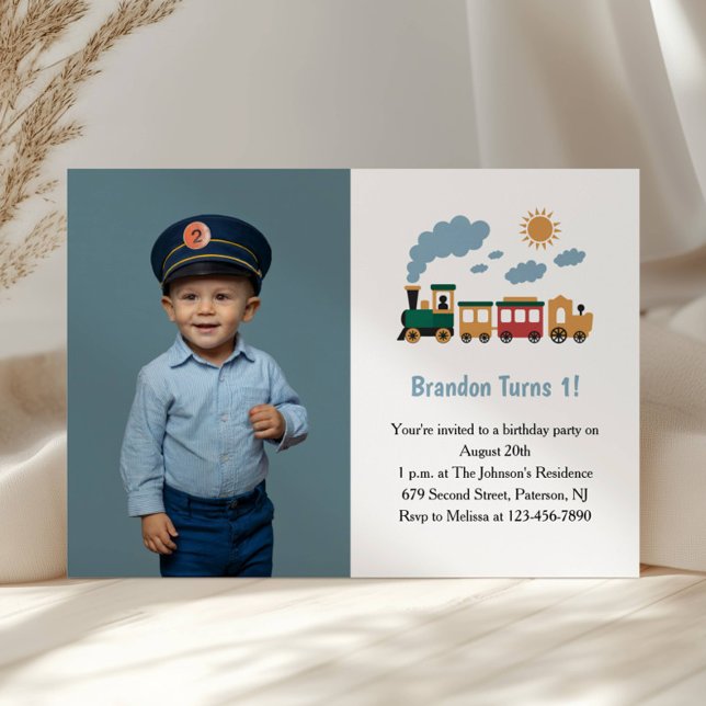 Cute Boy Train Photo Kids 1st Birthday Party Invitation (Creator Uploaded)