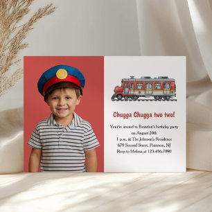 Cute Boy Train Photo Kids 2nd Birthday Party Invitation